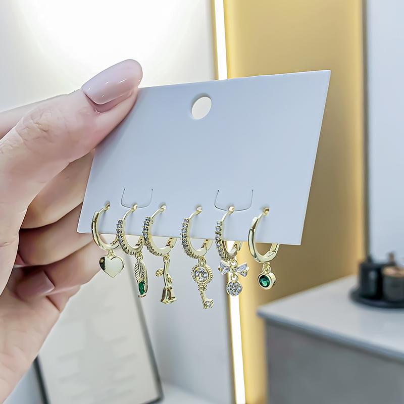 ANENJERY Женские серьги-кольца с листьями циркона, розами и сердечками, простые милые серьги из 6 предметов, вечерние украшения