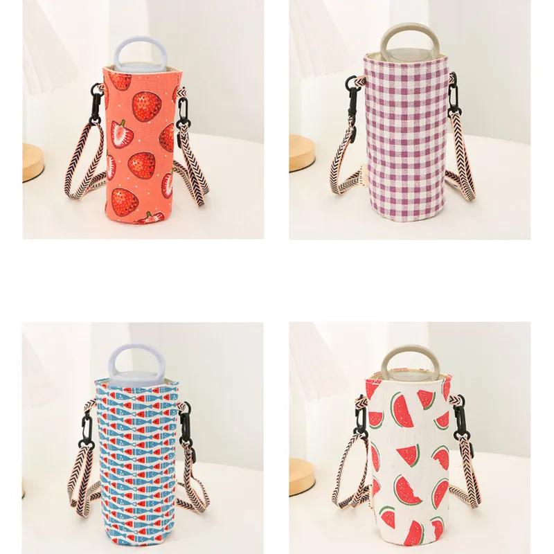 Сумка для хранения стаканов, хлопчатобумажная льняная парусиновая сумка для стаканов для воды на открытом воздухе, простая ручная подвесная веревка, диагональный пролет, чехол для стакана, изолированный чехол для стакана для молока и чая YLE59