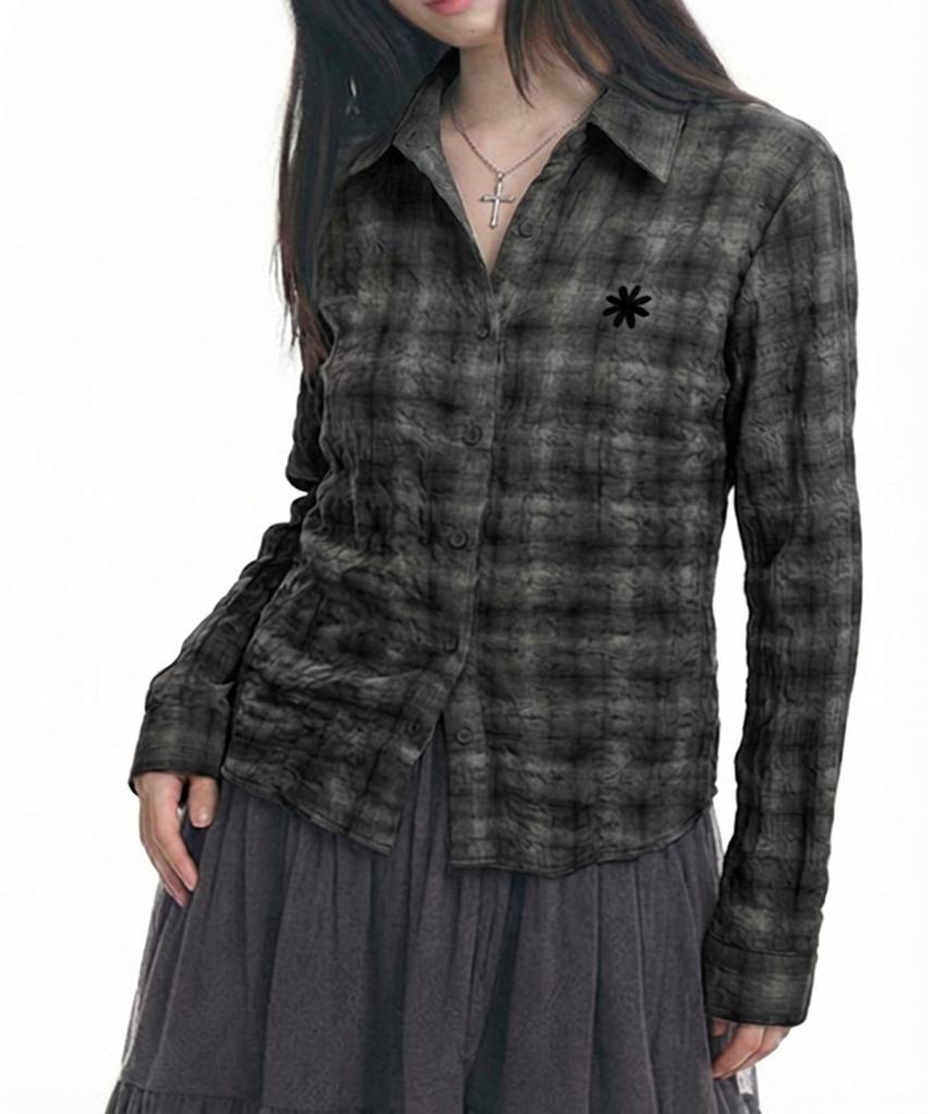Рубашка в клетку Damiswi Seersucker Grunge Spandex_Черная
