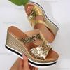 Золотые Серебряные Шлепанцы на Танкетке для Женщин Декор Стразами Массивные Сандалии на Платформе Женские Летние На Толстой Подошве Sandalias De Mujer
