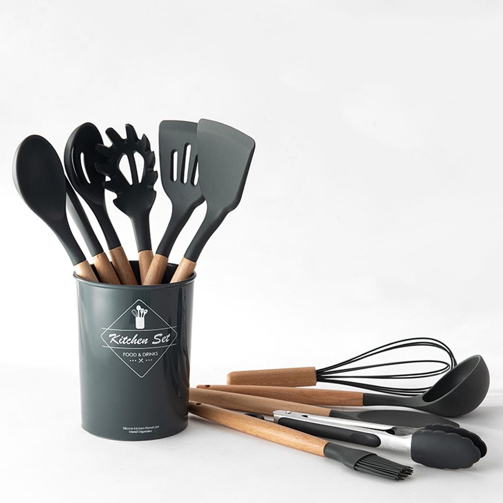 11PCS Cooking Utensils with Storage Holder Kitchen Utensil Set Silicone Kitchenware Set Wooden Handle Cookware Set Chef Nonstick Cookware Kitchen