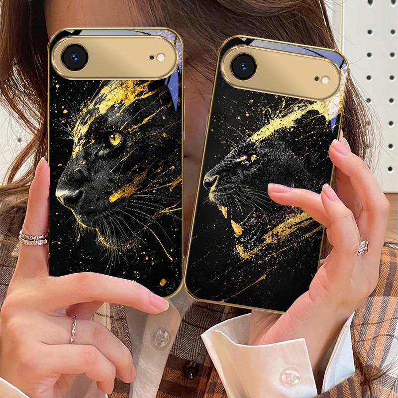 Черная Пантера рычит Для IPhone 17Pro Max 16 17 Pro oMax 15 Pro 14 13 Plus 12Mini 11 Pro Max XR 16E Air Золотой стеклянный чехол для телефона