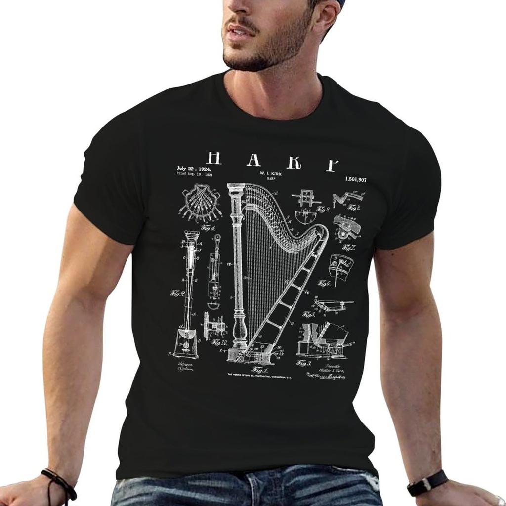 Harp Vintage Patent Harpist Drawing Print T-Shirt Cotton T Shirts Man 100% Printed T Shirts for Man Man T Shirts for Men T-Shirt
