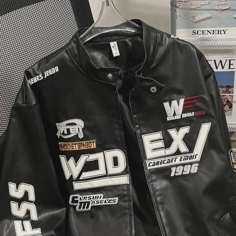 Мужская уличная кожаная куртка для мотоцикла с вышивкой - Американский гоночный костюм, воротник-стойка, мода High Street