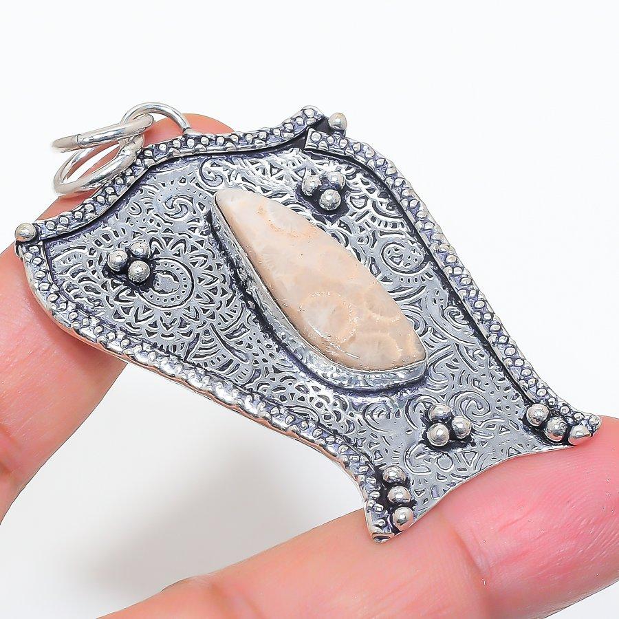 Fossil Coral Handmade 925 Sterling Silver Jewelry Pendant 2.48" T9Z96