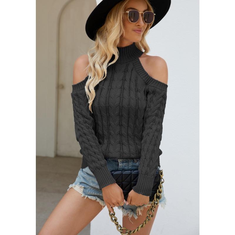 Women's Autumn and Winter Knit V-neck Off-the-shoulder Solid Color Twist Long-sleeved Sweater