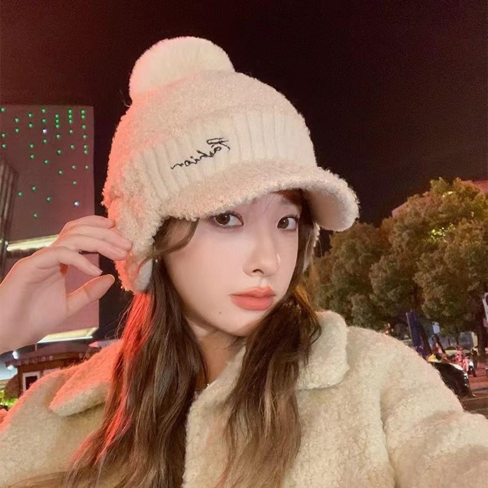 Solid Color Warm Earmuffs Cap Thermal Windproof Knitted Baseball Cap Versatile Thick Pompom Plush Beanie Outdoor Activities