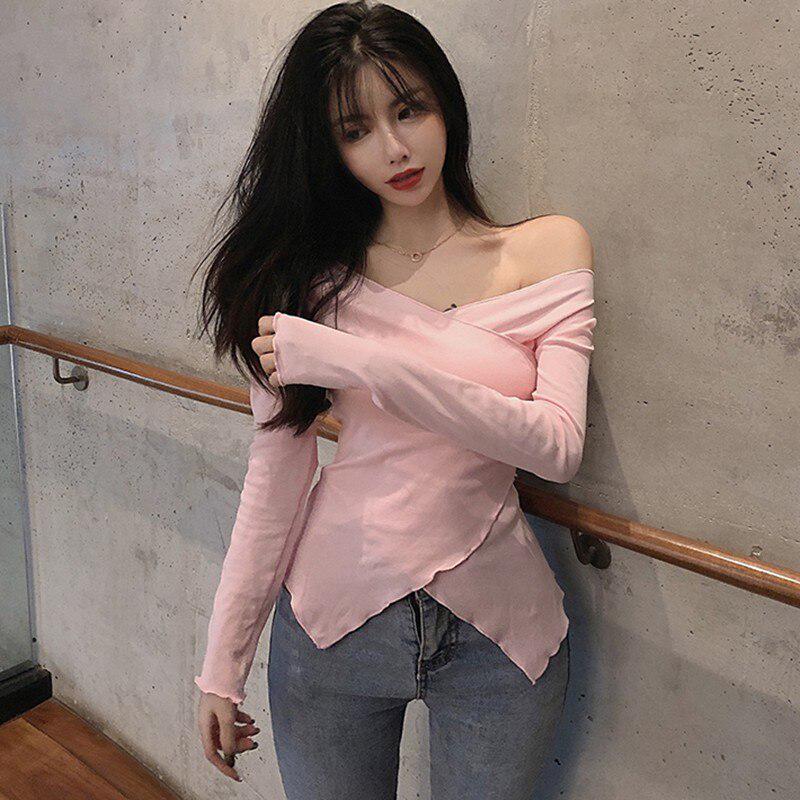 Korean Style Long Sleeve Solid Color T Shirts Women Sexy V-neck Split Womens Fashion Casual Top Tee Shirt
