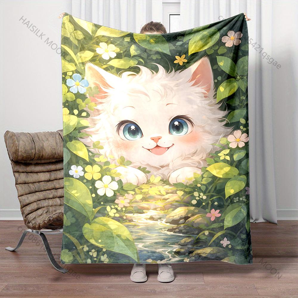 Multiple sizes White kitten among flowers Blanket Suitable for Home Bedroom Sofa Travel Camping Blanket Various Sizes for Gifts