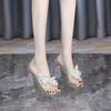 Fashion High-heeled Slippers Women's Fashion Round Head Open-toe Crystal Flower Waterproof Table Anti-slip Wear-resistant Square Heels