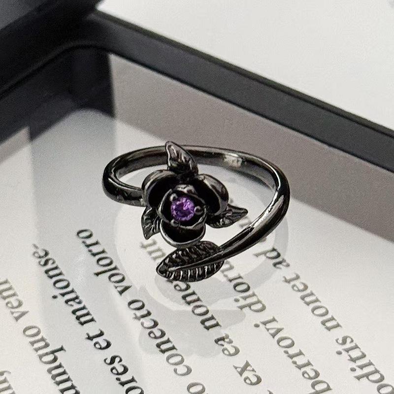 Винтажное кольцо с темной лозой, розово-фиолетовым бриллиантом, открытое кольцо-лепесток, нишевое, с высоким чувством стиля, простое кольцо