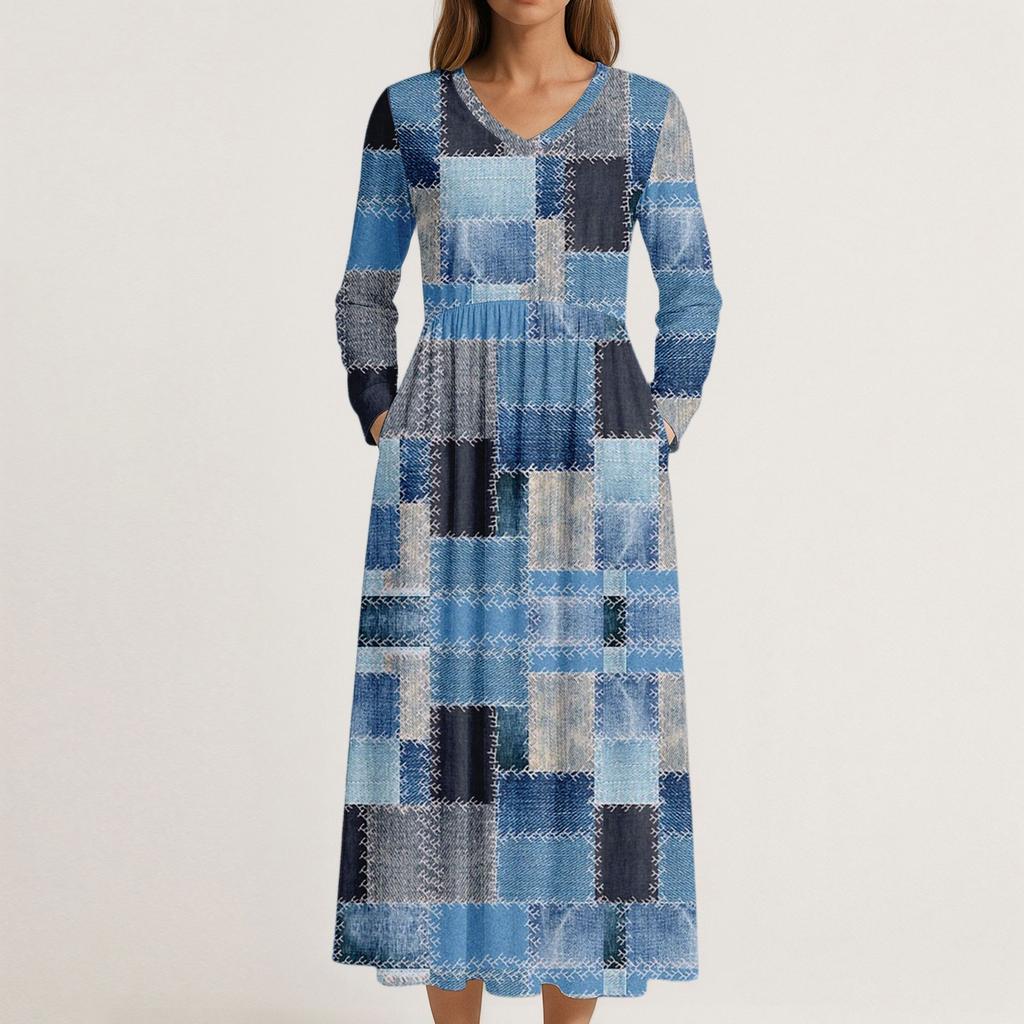 Платье для женщин длинное бохо пляжное платье элегантное макси-платье V-образный вырез длинный рукав платье с карманами