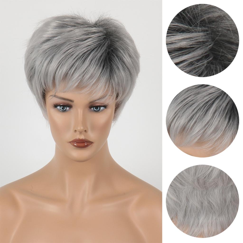 Короткие натуральные парики с челкой, мягкие волосы мамы для повседневного использования, короткие серые вьющиеся синтетические волосы с эффектом омбре, костюм для вечеринки, парик для женщин