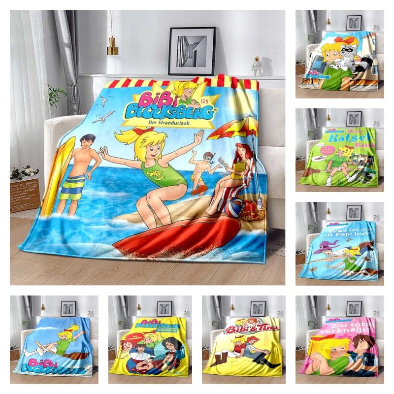 Bibi Blocksberg Summer Beach Flannel Blanket, Cartoon Witch Bibi Surf Print Warm Throw Blanket, Kids Bedroom Sofa Decor Gift