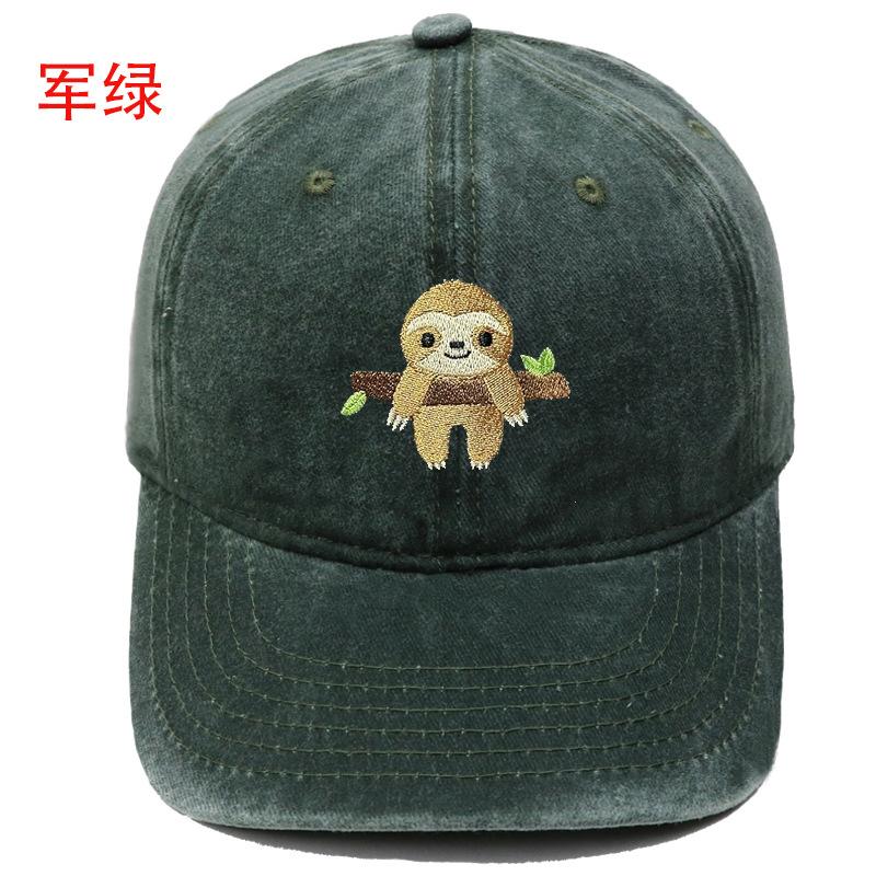 Popular cute sloth embroidered baseball cap animal washed retro men's and women's casual outdoor sun hat