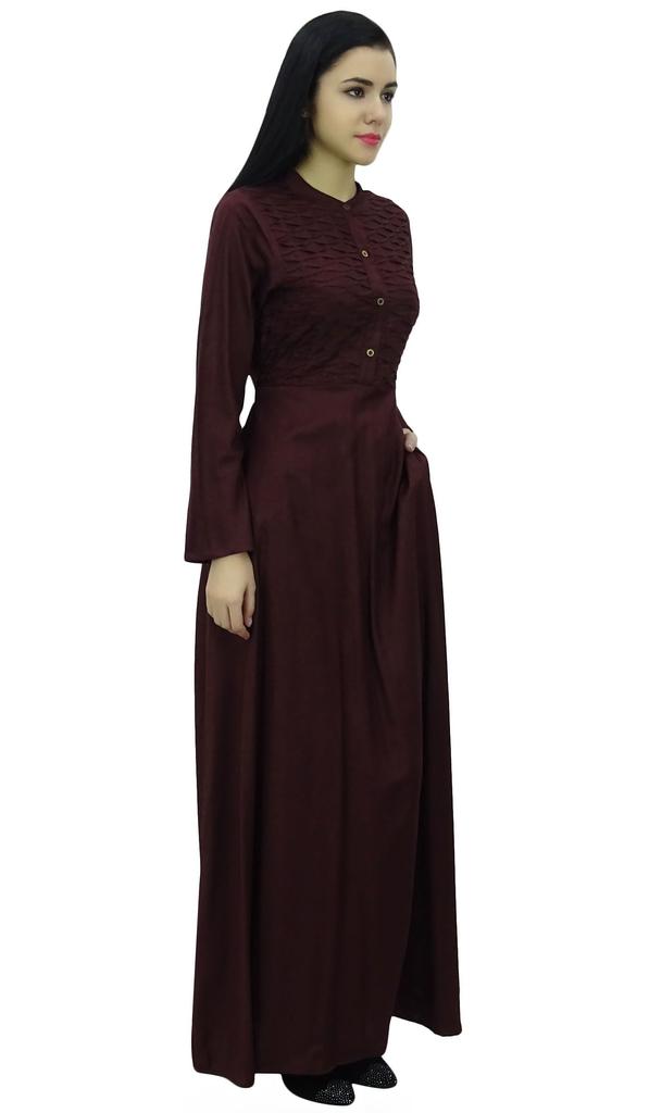 Bimba Женское простое платье джилбаб макси с длинным рукавом и воротником-стойкой