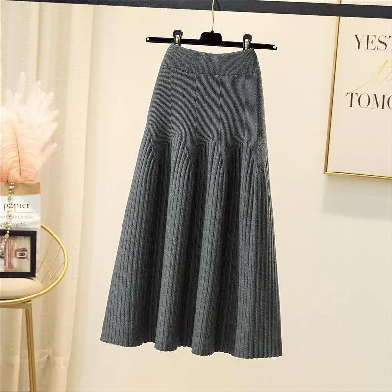 Ladies Mid-length All-match A-line Knitted Skirt Is Thin and Pleated Skirt for Autumn and Winter