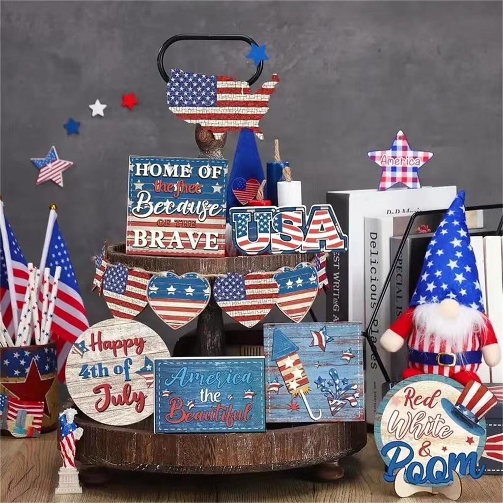 Tiered Tray Decor Wood Patriotic Decorations Independence Day Star Small Sign Gnome Firework Table Decor Red White Blue