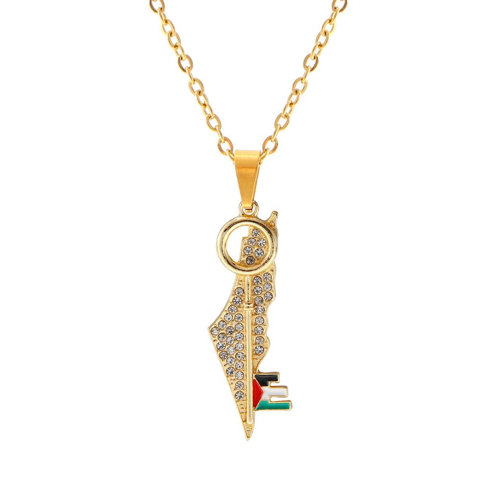 Zinc Alloy Key Shape Map Crystal Pendant Necklace Middle East Geometric Personalized Charm Jewelry Minimalist Accessories