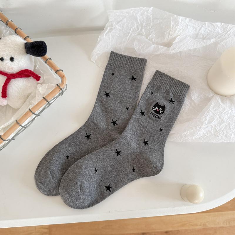 10Pair Star Socks Female Cute Cat Embroidery Tube Socks Autumn And Winter Cotton Socks Cartoon Student Stacking Socks