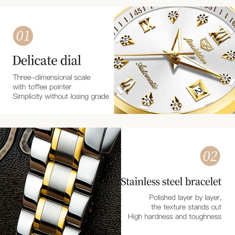 JINSHIDUN Brand Watch Heart Steel Automatic Mechanical Single Calendar Luminous Waterproof Women's Watch Women's Watch