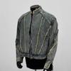 Men's Retro Raw Edge Denim Jacket with Zipper and Stand Collar