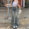 Design Sense Slightly Flared Jeans Women Double Buckle High Waisted Yard Stretch Slim Horseshoe Flare Trousers Tide Jeans for Women Long Denim Pants