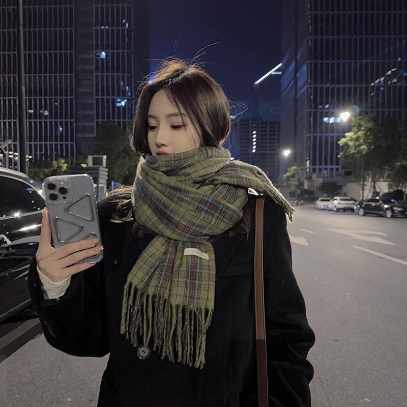 Ретро зеленый клетчатый шарф женский осенне-зимний универсальный личностный продвинутый сенс теплая шаль шарф