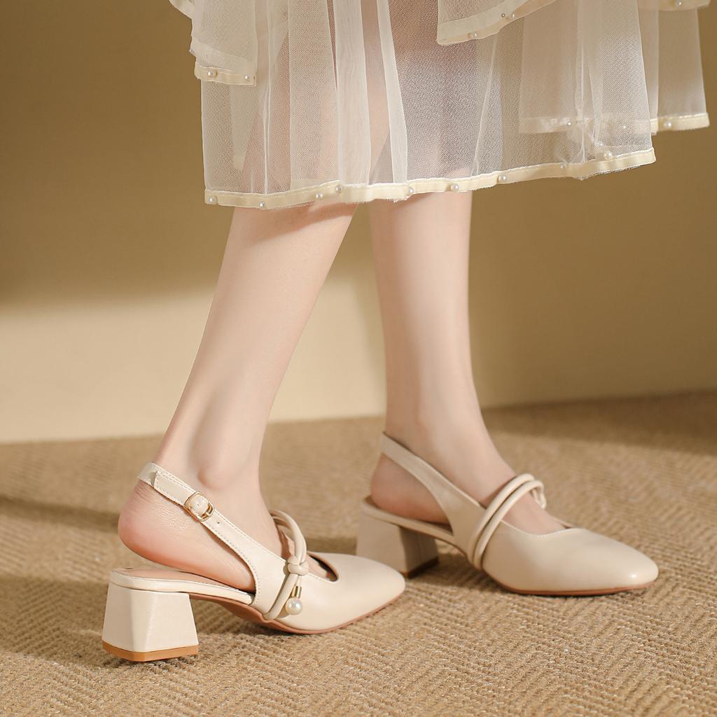 Кожаные босоножки-мешки женские летние 2024 новые французские верхние туфли сказочно красивые на низком каблуке средний каблук толстый каблук высокие каблуки