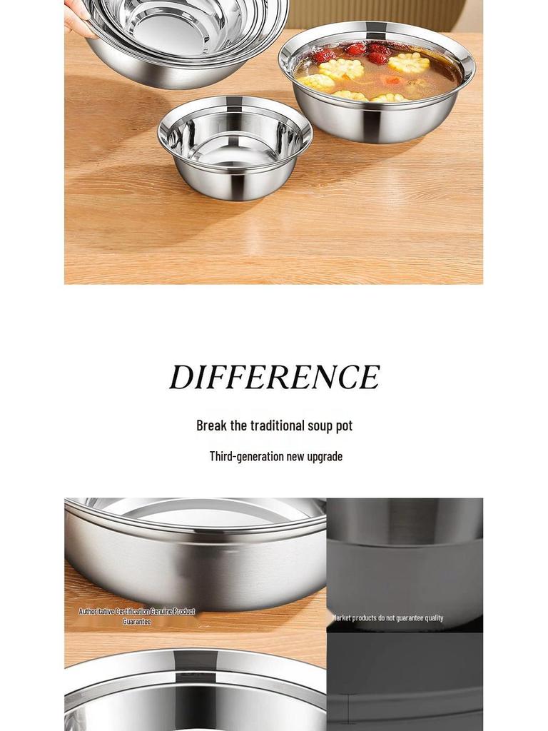Food Grade 316 Stainless Steel Deep Round Bowl with Beveled Edge - Anti-overflow, Perfect for Soup and Rice