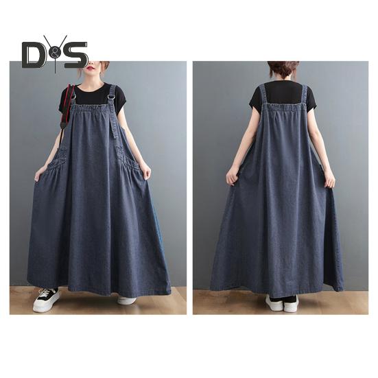 Женский джинсовый комбинезон, свободное платье-комбинезон без рукавов в стиле бохо с карманами, платье-сарафан с широким подолом и регулируемым ремешком