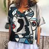 New T Shirt For Women Abstract V-neck Short Sleeve Tee Casual Oil Painting Female Clothing Fashion Street Retro Women's T-shirt
