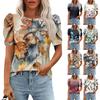 Women Casual Puff Short Sleeve Tops Fashion Round Neck Print Tunic Shirts Summer Clothes