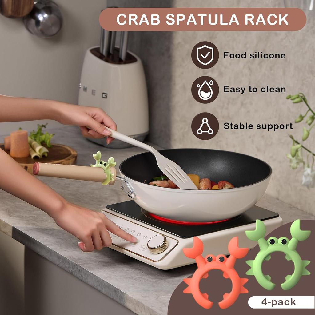 4 Pcs Crab Spatula Holder, Silicone Crab Shaped Spoon Rest, Anti-Scalding Adjustable Cooking Utensil Holder for Pot, Silicone Boil Over Spill Stopper