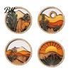 Warm Wood Grain Art 4 Pcs Boho Wall Art, Bohemian Sunset Mountain Plant Decor, Wooden Natural Tone Round Circle Hollow Out Farmhouse Hanging Ornament