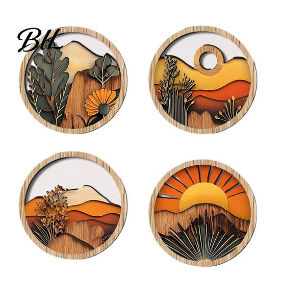 Warm Wood Grain Art 4 Pcs Boho Wall Art, Bohemian Sunset Mountain Plant Decor, Wooden Natural Tone Round Circle Hollow Out Farmhouse Hanging Ornament