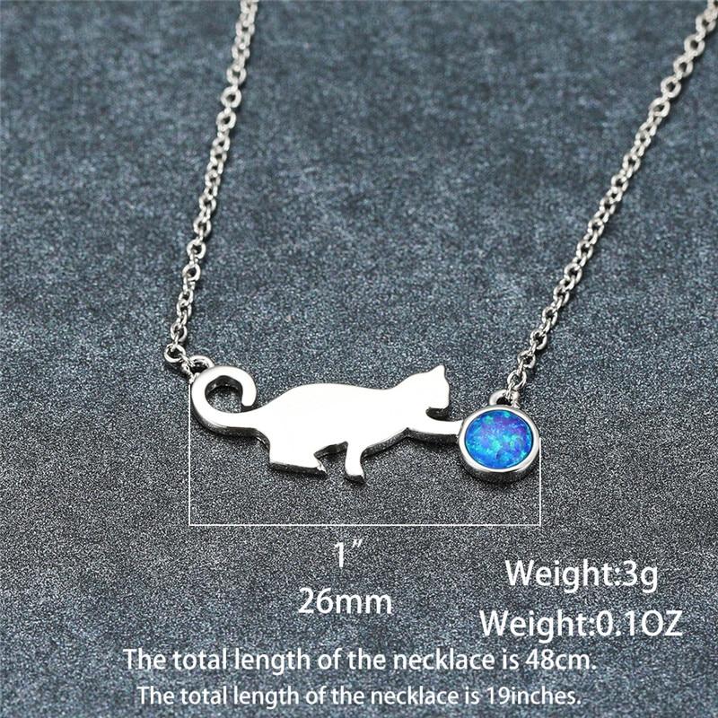 Милые ожерелья с подвеской в виде кошачьего мяча с синим огненным опалом для женщин, винтажные модные украшения с животными, свадебное ожерелье из серебра 925 пробы