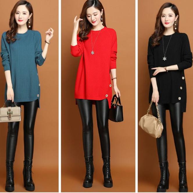 Women's Crew Neck Sweater Autumn Winter Loose Midi Pullover Knitwear Simple Irregular Hem Thick Knit Top Solid Color Stretch Jumper