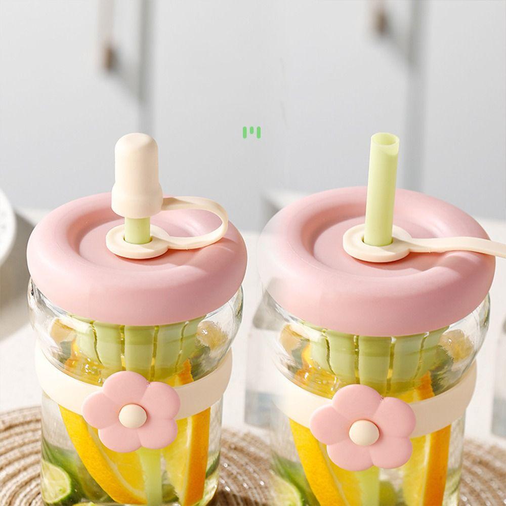 Flower Patch Straw Cup Portable Water Bottle Cartoon Glass Water Cup for Boys and Girls