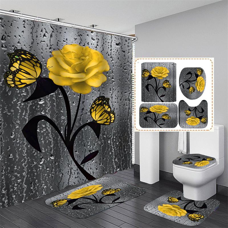 3D Beach Scenery Bathroom Bathing Waterproof Shower Curtain Home Entrance Doormat Bathtub 4Pcs Set Toilet Seat Cover Rugs Bath Non-Slip Floor Mat