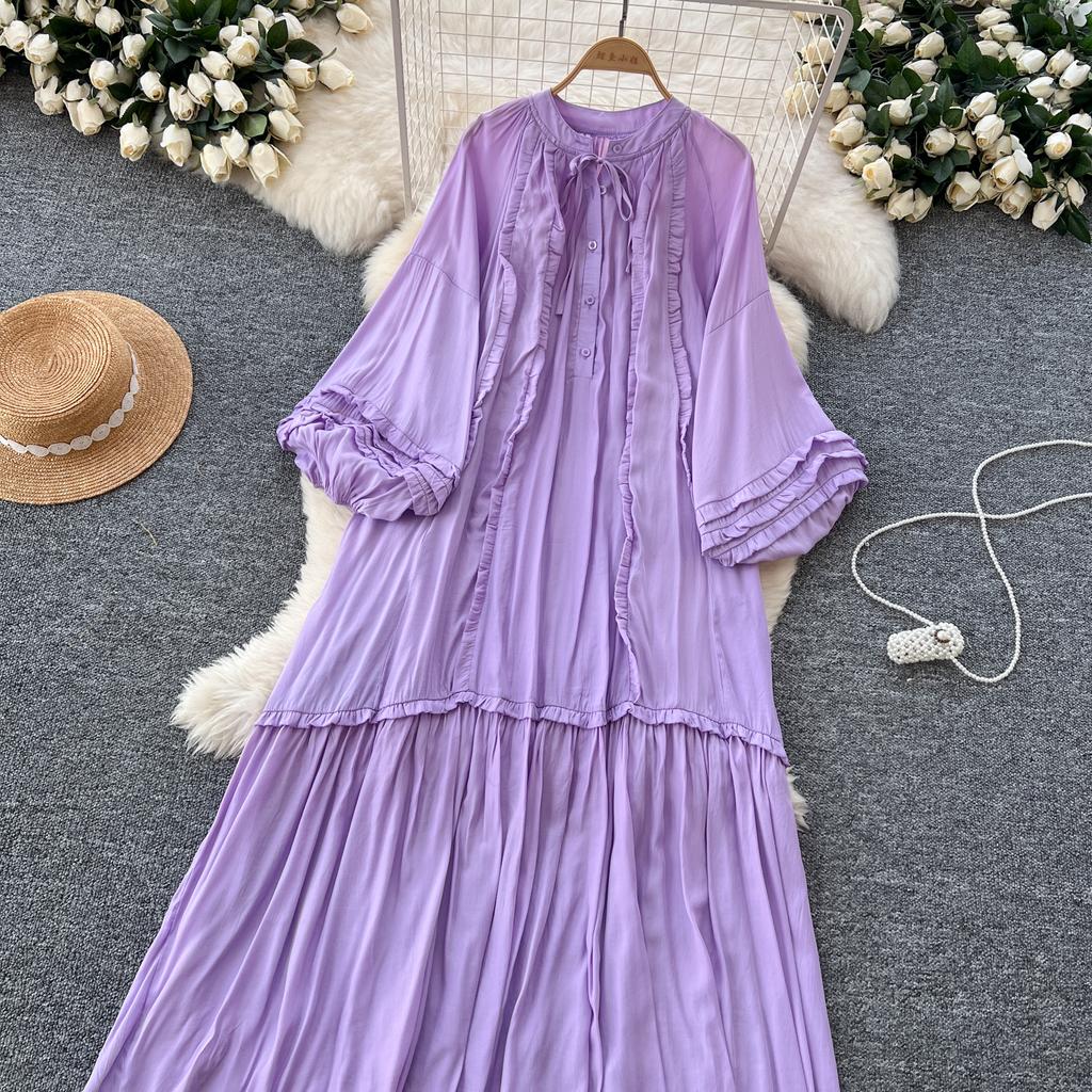 Винтажное однобортное платье с круглым вырезом на шнуровке, модное, с длинными рукавами, элегантное, свободное, с оборками, корейская женская одежда High Street