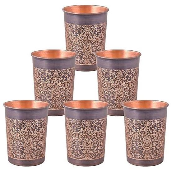 Set Of 6 Copper Water Glass With Carving Design And Black Royal Glossy Finish Specially Made For Dining Kitchen  250 ML