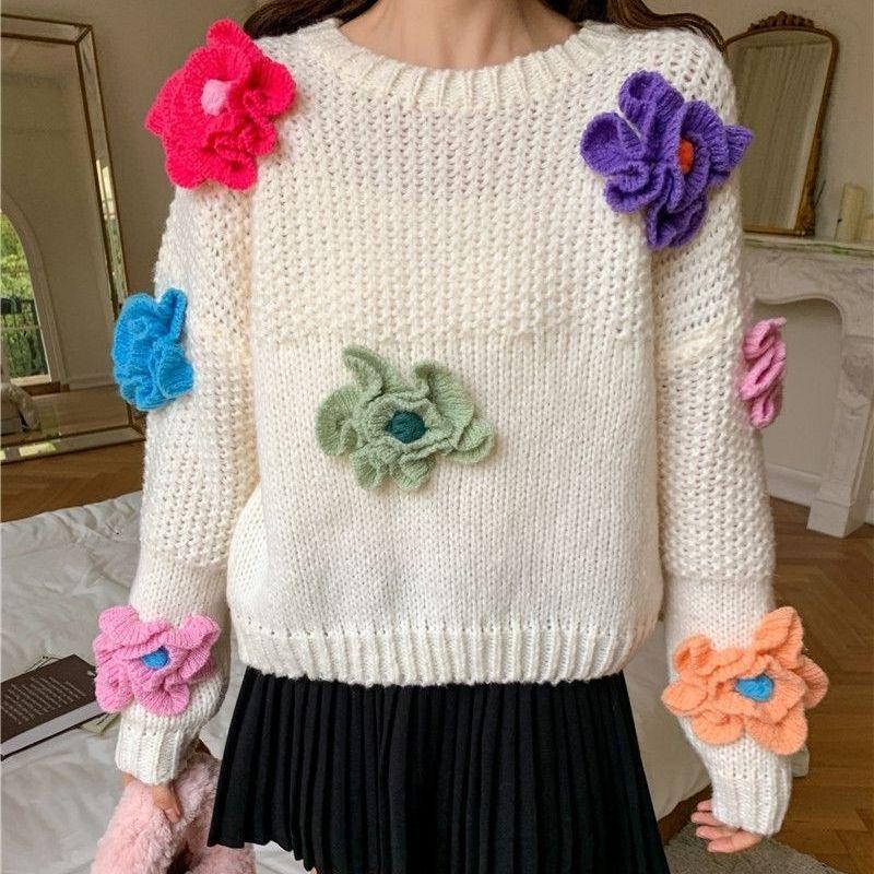 Новый трехмерный цветочный вязаный женский свитер для женщин, новый свободный, томный, ленивый, ветер, иностранный, сладкий, женский свитер