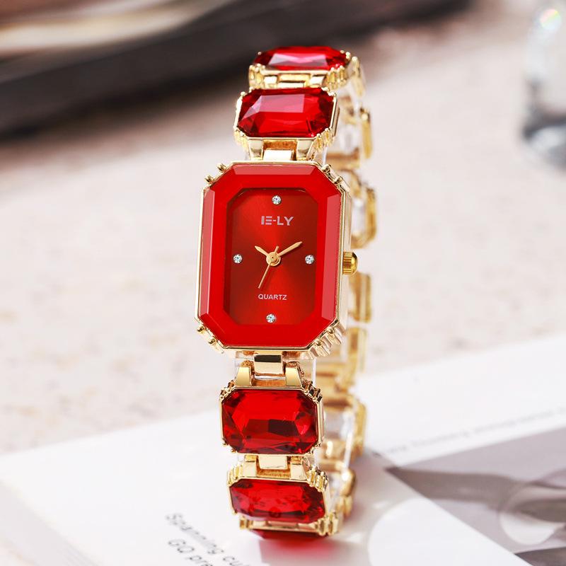 Chic Women's Colorful Gemstone Steel Band Square Watch