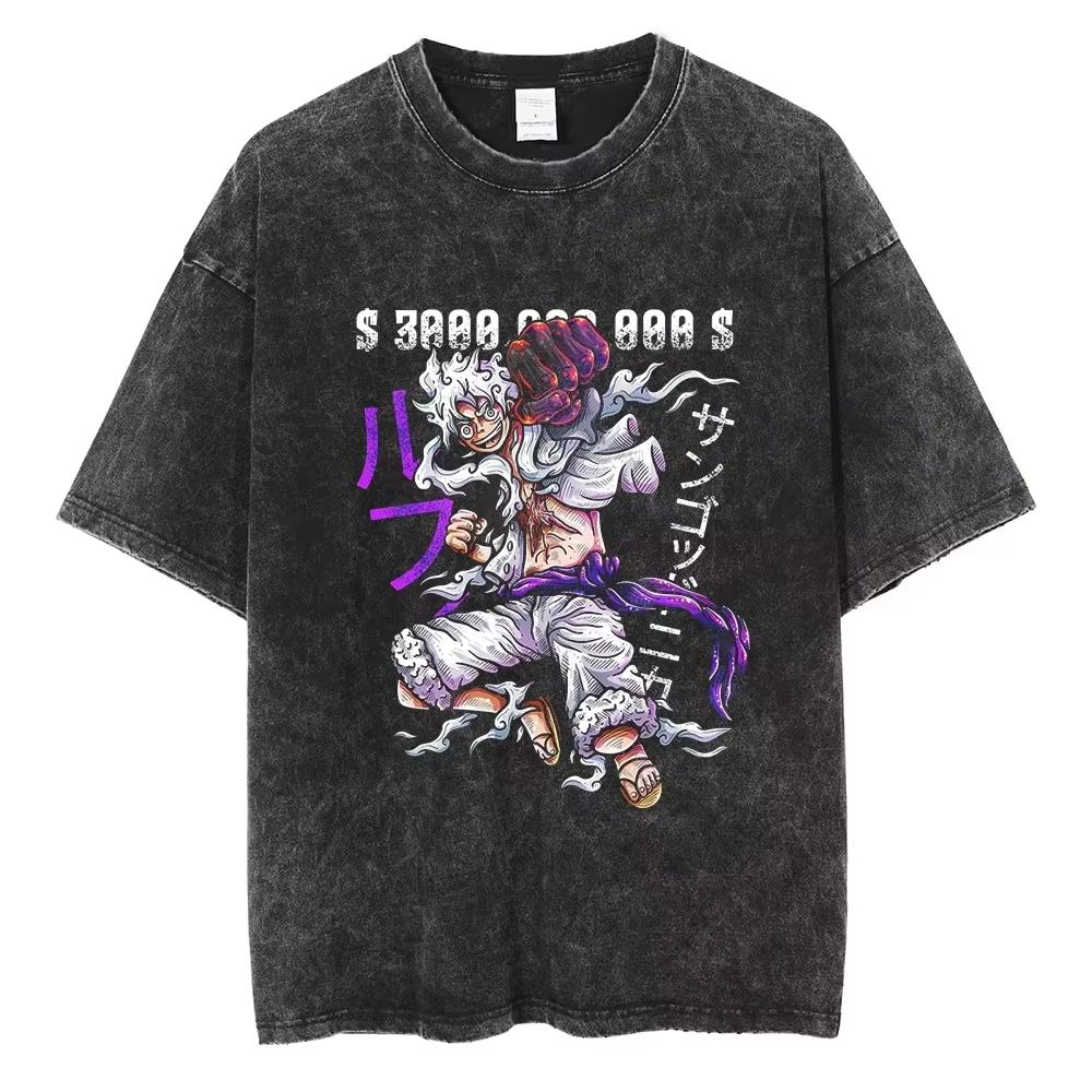 Nika Luffy Gear ONE PIECE Anime Harajuku Retro Washed Tshirt Cotton Men Streetwear Women Short Sleeves Unisex Top