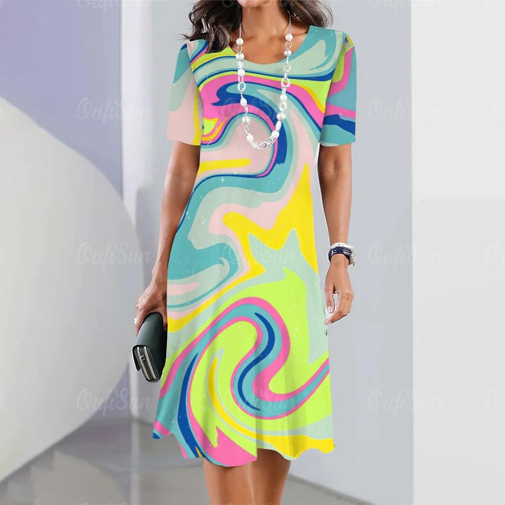 Summer Woman Dresses Women's Round Neck Short Sleeves Clothing Irregularly Streak Print Dress Clothing Loose Pullover Streetwear