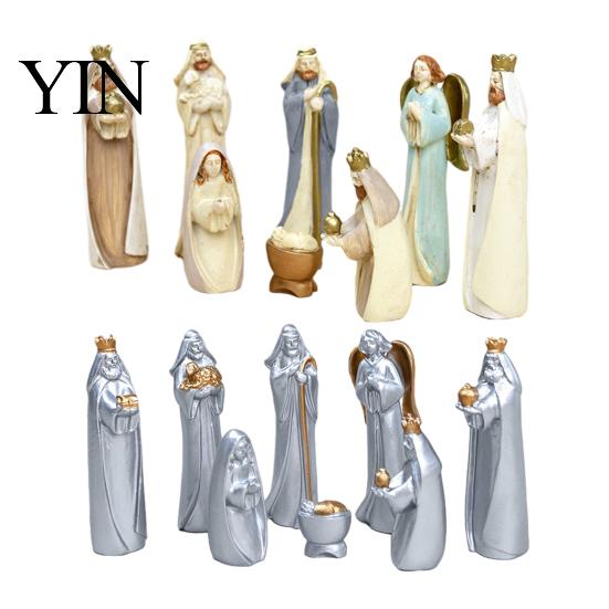 Religious Christmas Table Decor 8 Pcs Resin Nativity Figurines Set, Christian Scene Figures, Hand Painted Sculptures Tabletop Miniature Statues