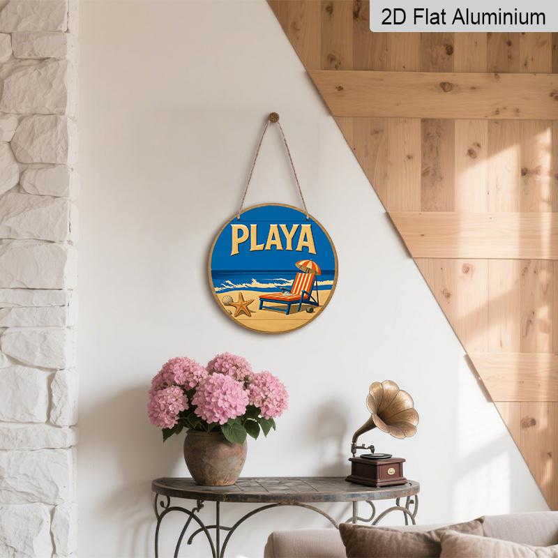 2D Flat - 1pc, 7.87X7.87 Inch 2D Flat Round Aluminum Sign, Vintage Aluminum Plaque about "PLAYA", Beach Themed Decorative Sign, Suitable for