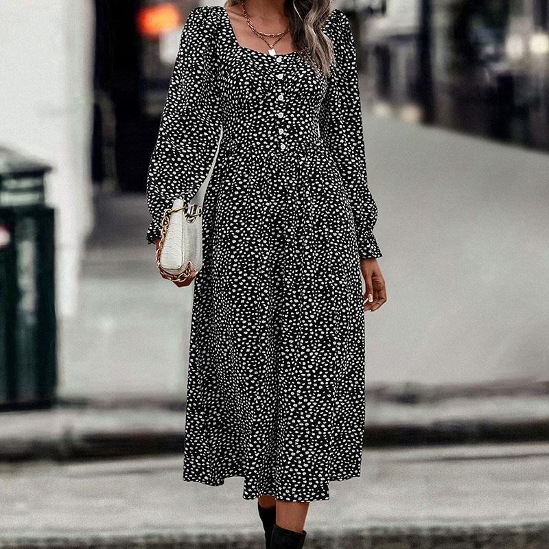 Летнее платье с принтом, женское трапециевидное повседневное хлопковое платье с рукавами-бабочками и длинными рукавами с отложным воротником до середины икры