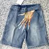 Men Denim Shorts Button Zipper Fly Hand Printed Hip Hop Style Short Pants with Pockets High